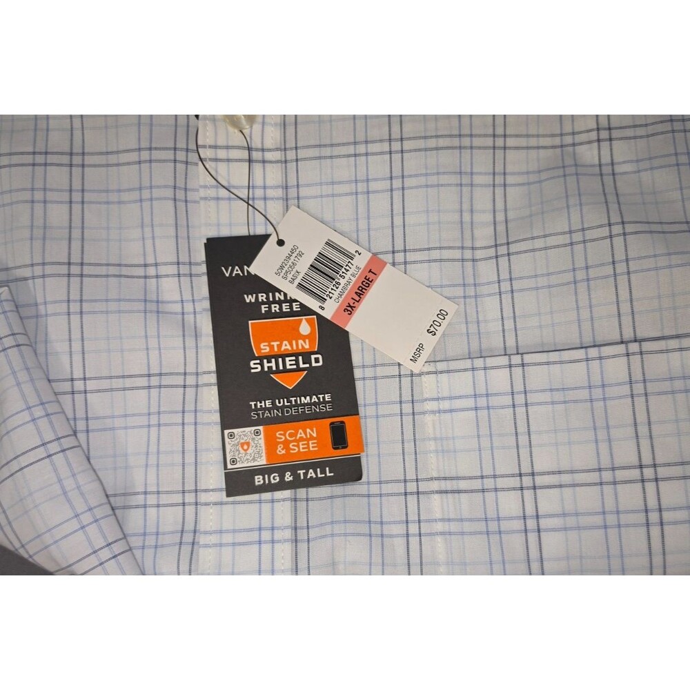 Van Heusen Mens Button Front White 3XLT 20-20.5 New Stain Shield $70